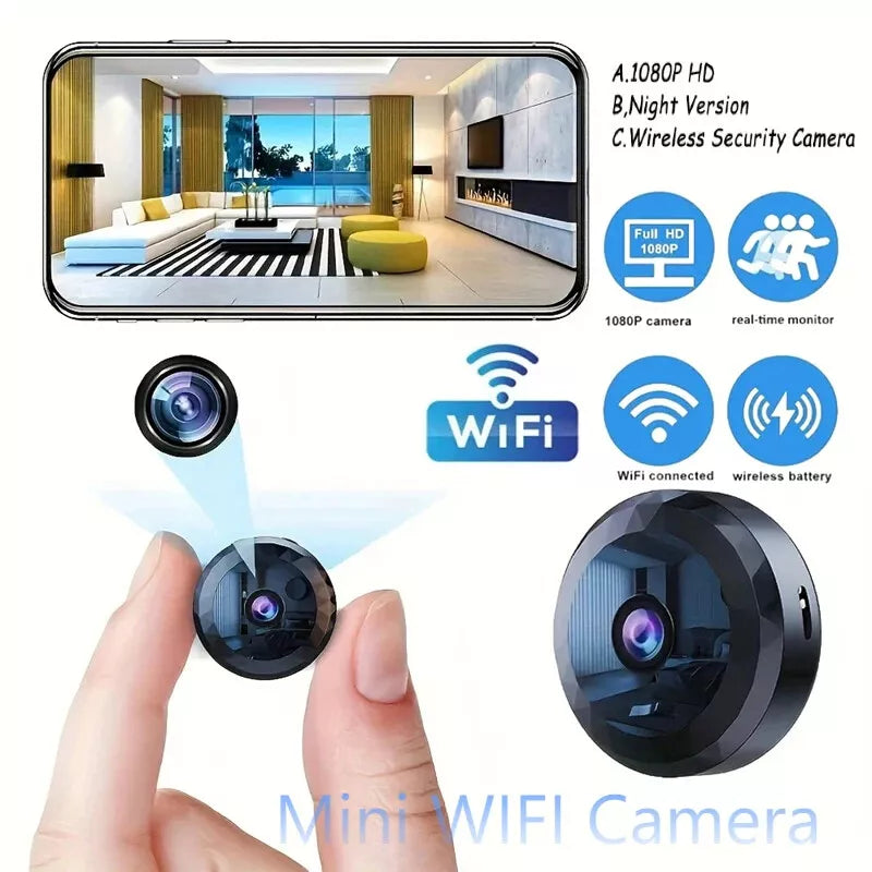 Magnetisk mini WiFi overvågningskamera, 1080P HD, natsyn, bevægelsessensor, diskret og kompakt design for nem placering.