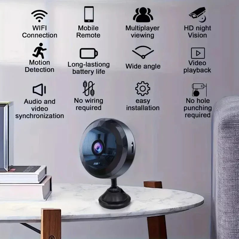 Magnetisk mini WiFi overvågningskamera, 1080P HD, natsyn, bevægelsessensor, diskret og kompakt design for nem placering.