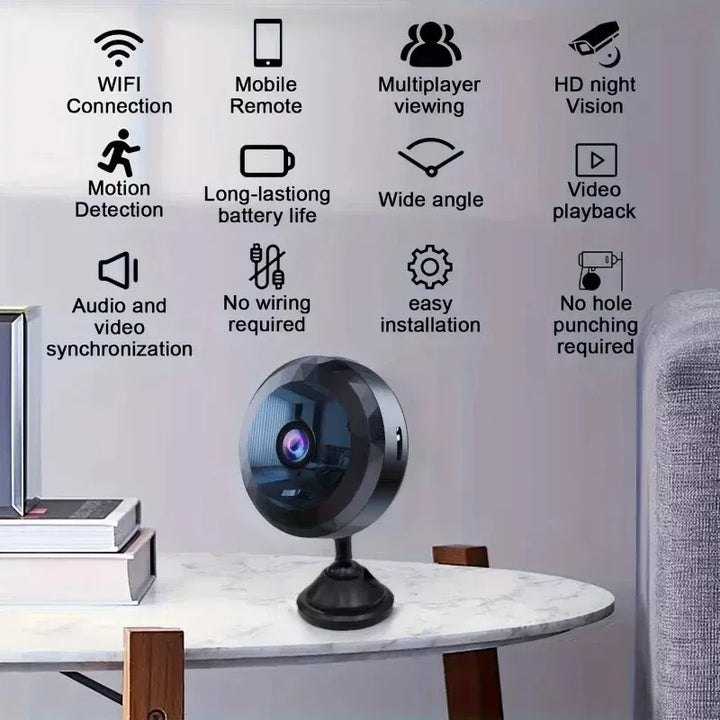 Magnetisk mini WiFi overvågningskamera, 1080P HD, natsyn, bevægelsessensor, diskret og kompakt design for nem placering.