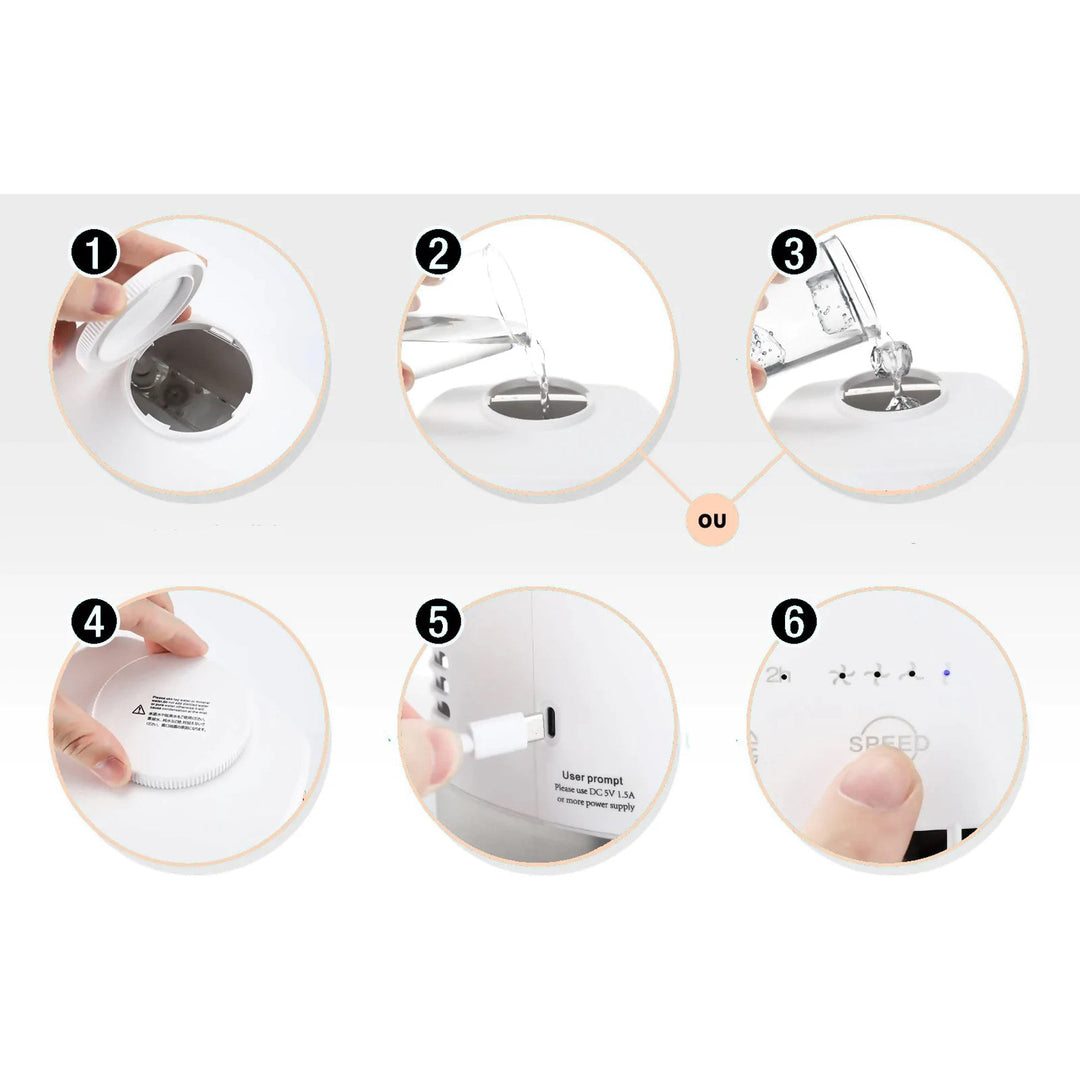 Mini bærbar klimaanlæg med multifunktion, kompakt design og LED-lys. Ideel til både hjem og rejser.