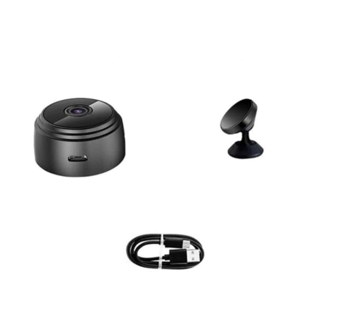 "Mini HD WiFi-kamera med 360° visning og diskret design i sort, passer perfekt til hjemmets sikkerhed."