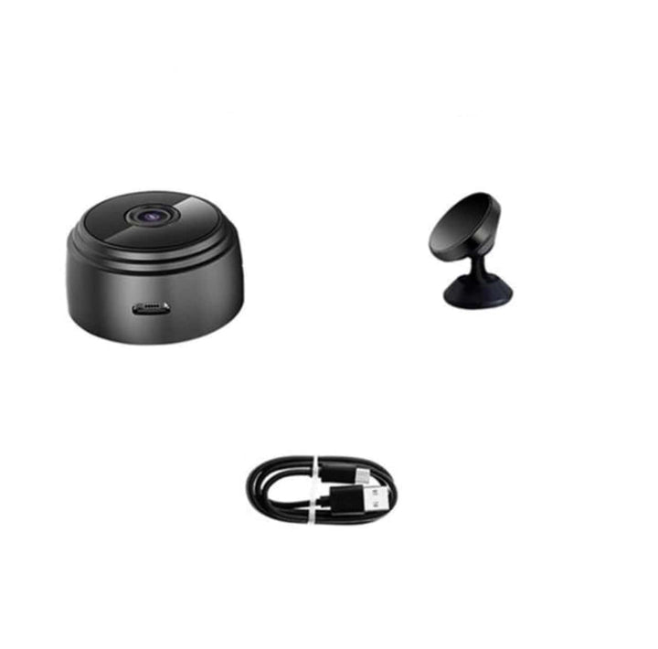 "Mini HD WiFi-kamera med 360° visning og diskret design i sort, passer perfekt til hjemmets sikkerhed."
