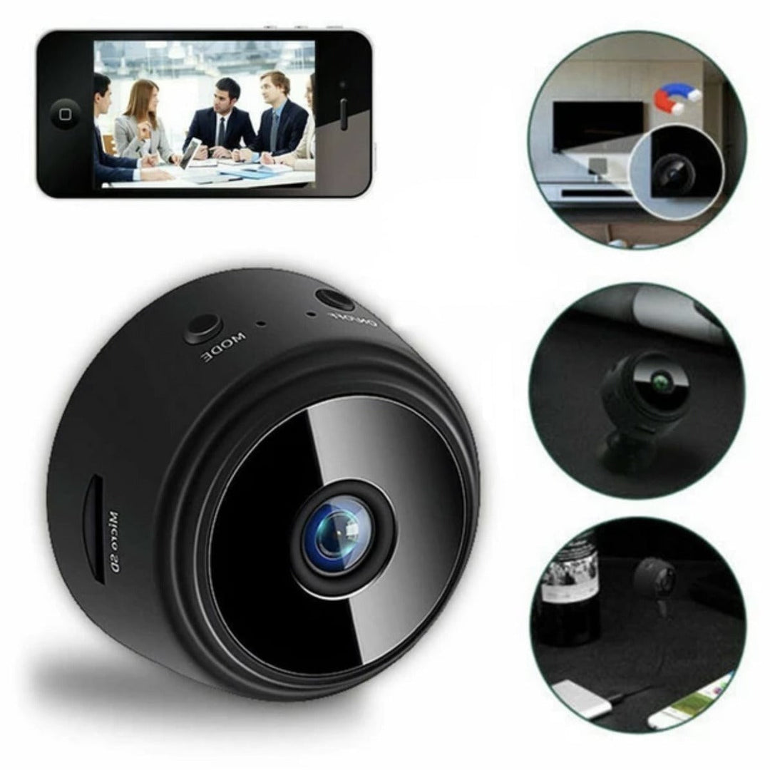 "Mini HD WiFi-kamera med 360° visning og diskret design i sort, passer perfekt til hjemmets sikkerhed."