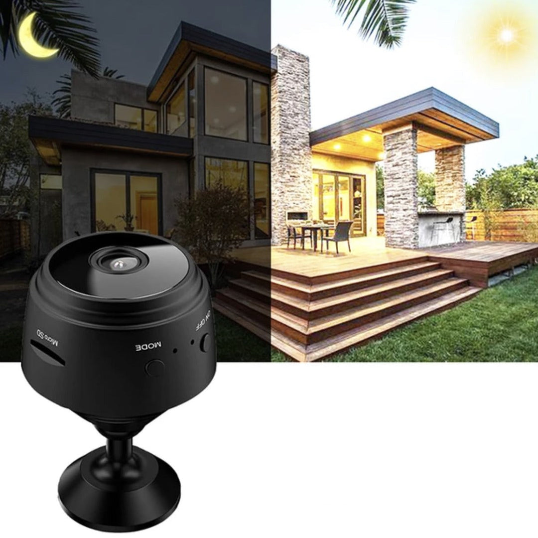 "Mini HD WiFi-kamera med 360° visning og diskret design i sort, passer perfekt til hjemmets sikkerhed."
