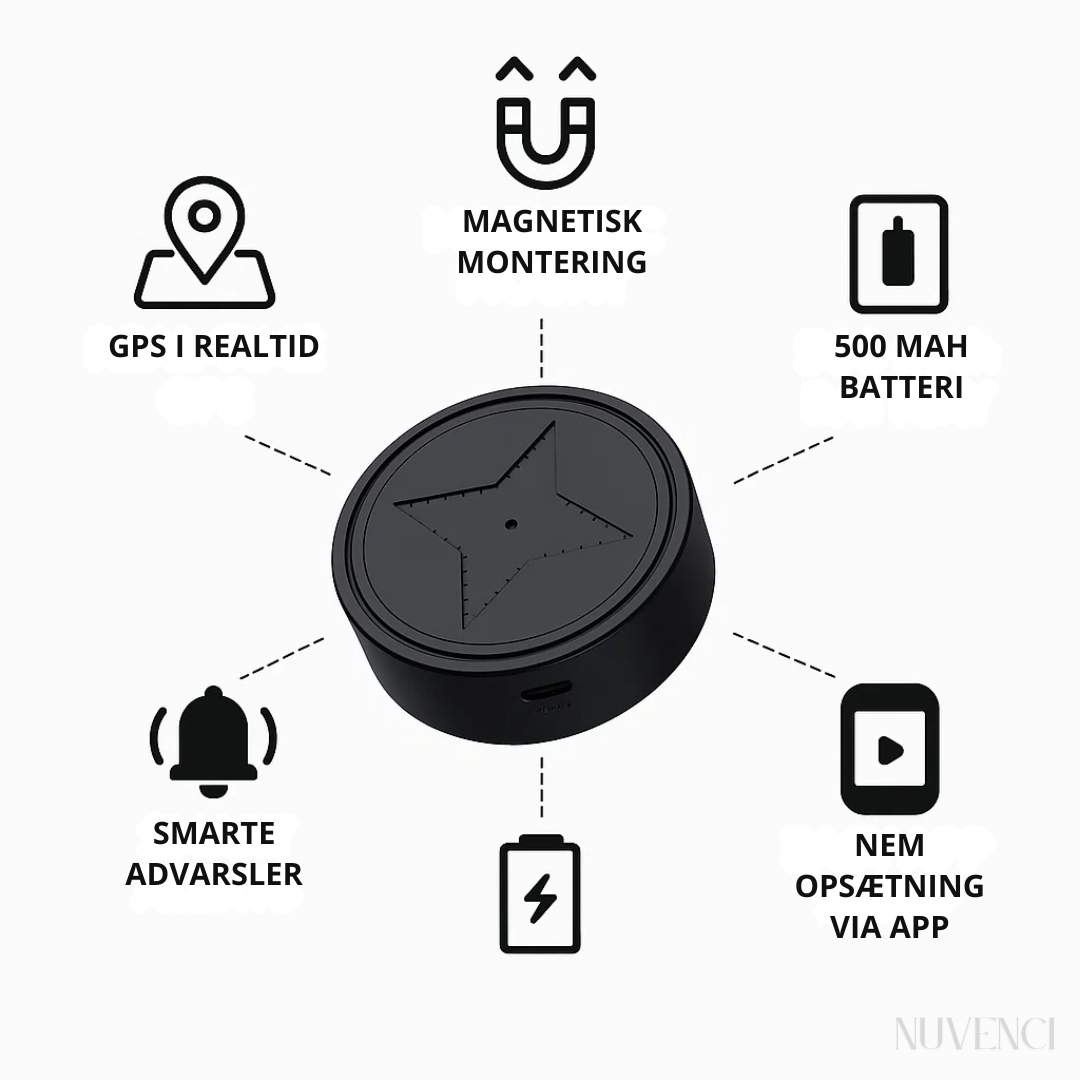Smart mini GPS-tracker til bil. Med magnet for hurtig montering og realtid overvågning.