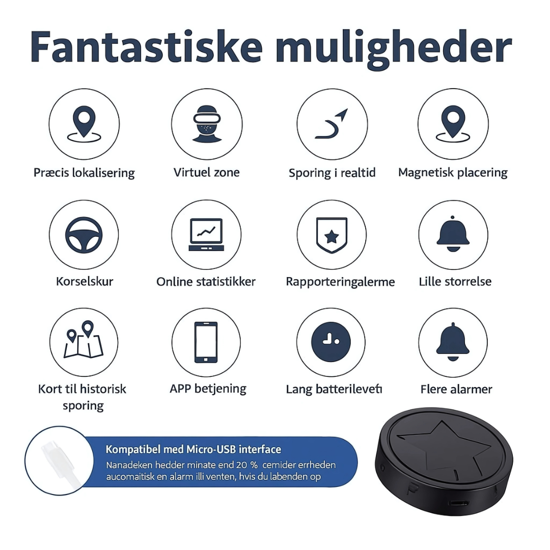 Sikkerheds-GPS til køretøjer. Magnetisk, lille, til omfattende live sporing og beskyttelse.