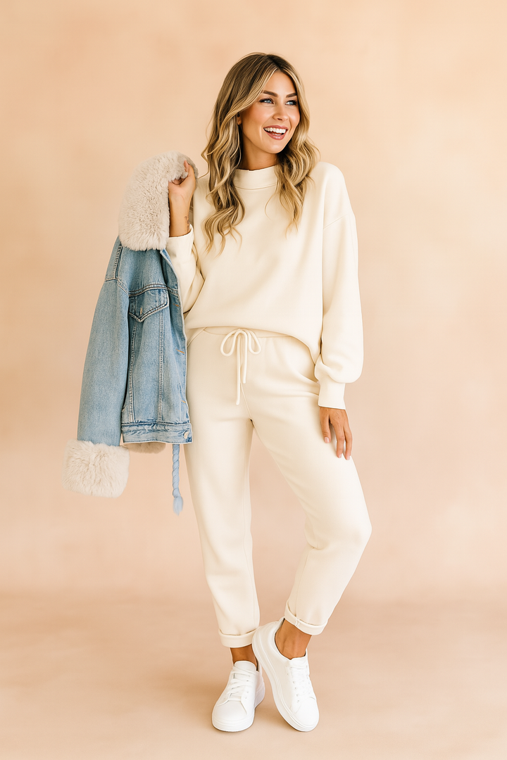 Minimalistisk todelt damesæt loungewear. Blødt komfortsæt til kvinder, perfekt til afslappet hverdag.