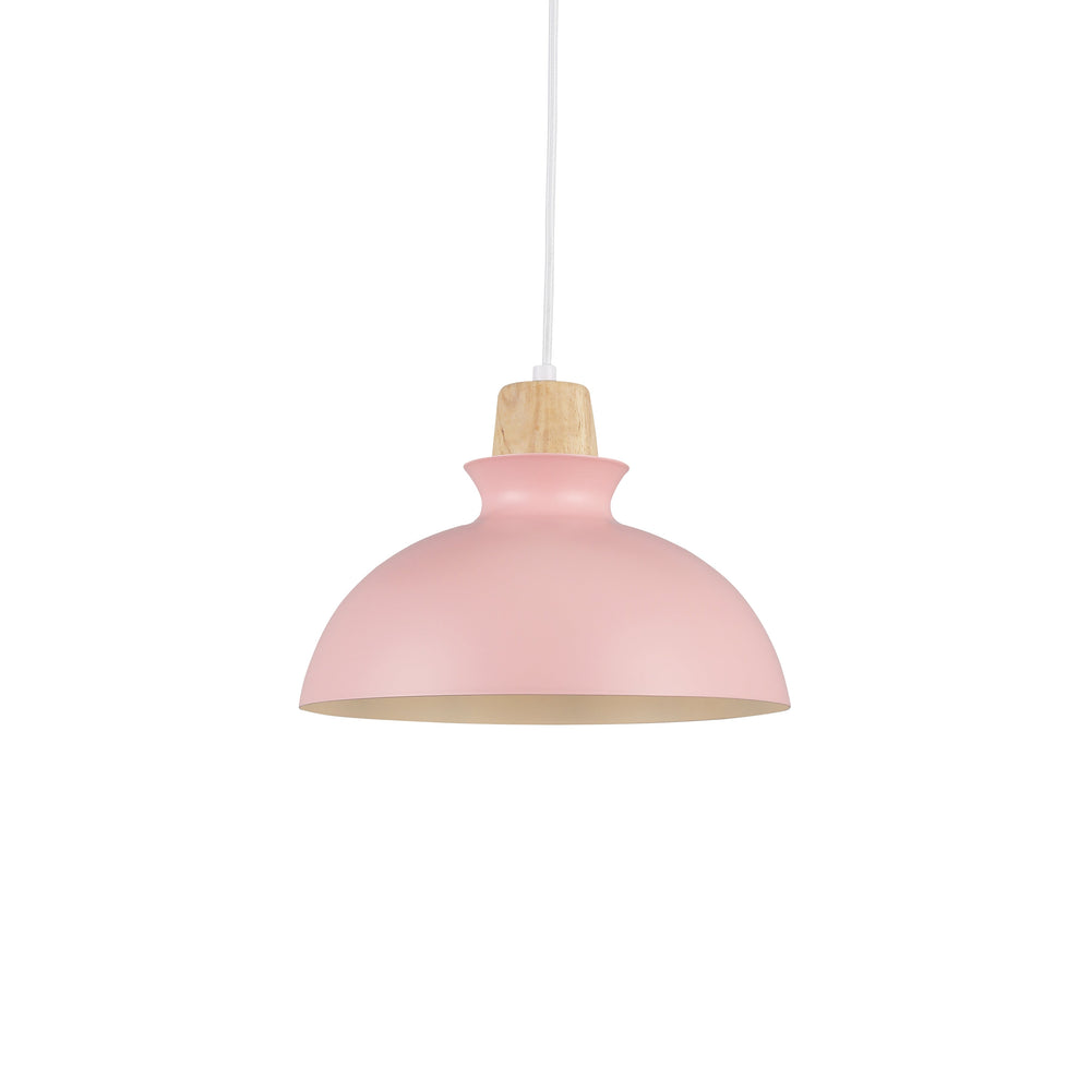 "Minimalistisk Tray Pendel Ø28 i pink med trædetalje, stilfuldt nordisk design til moderne indretning i hjemmet."