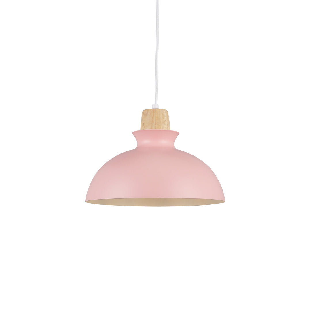"Minimalistisk Tray Pendel Ø28 i pink med trædetalje, stilfuldt nordisk design til moderne indretning i hjemmet."