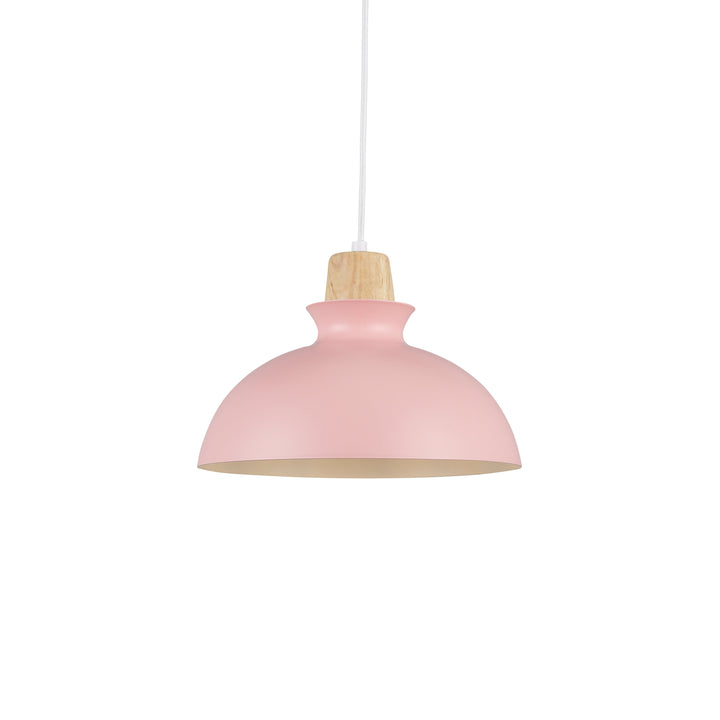 "Minimalistisk Tray Pendel Ø28 i pink med trædetalje, stilfuldt nordisk design til moderne indretning i hjemmet."