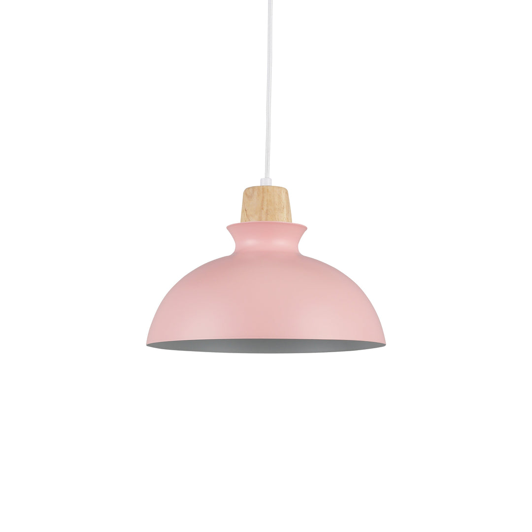 "Minimalistisk Tray Pendel Ø28 i pink med trædetalje, stilfuldt nordisk design til moderne indretning i hjemmet."