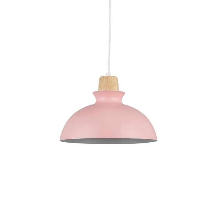 "Minimalistisk Tray Pendel Ø28 i pink med trædetalje, stilfuldt nordisk design til moderne indretning i hjemmet."