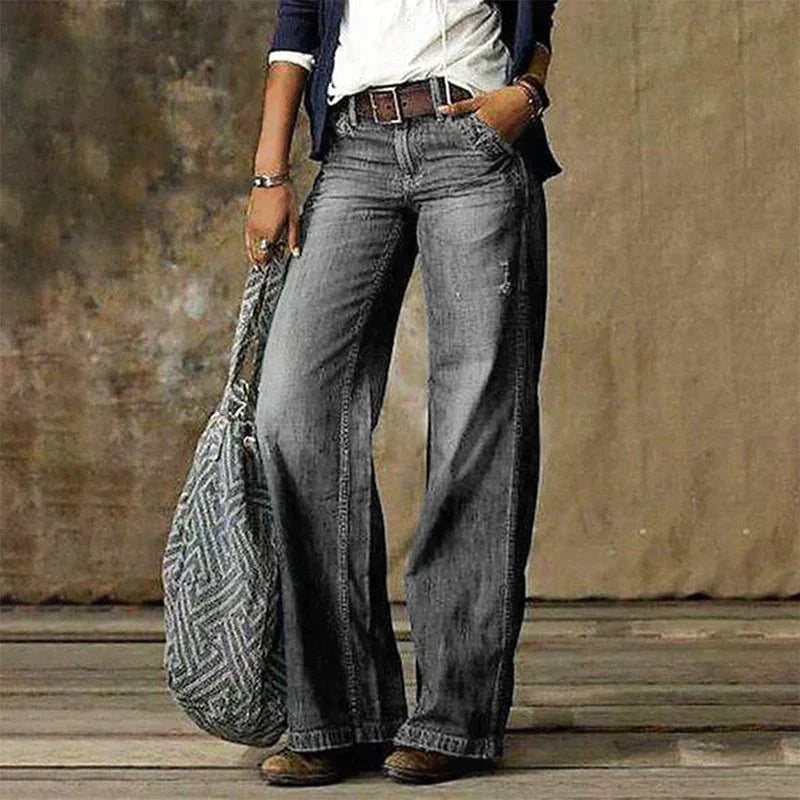 "Moderne brede ben denim-bukser i høj kvalitet, fremhæver stil og komfort med elegante detaljer, perfekt til enhver lejlighed