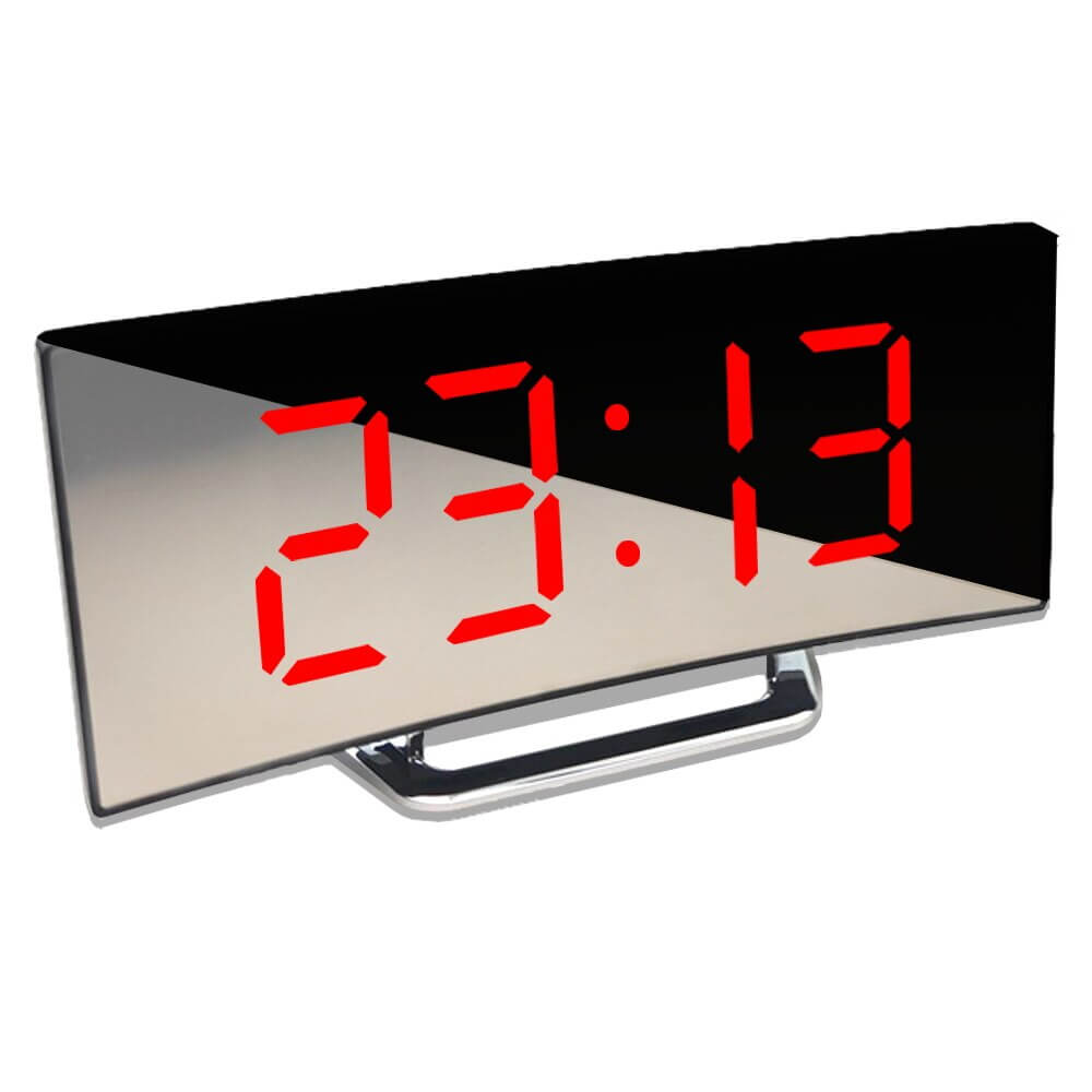 Moderne buet LED vækkeur med dæmpning og snooze funktion.
