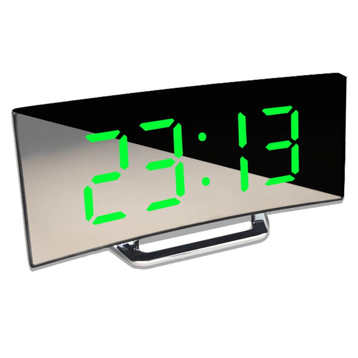 Innovativt buet LED vækkeur med justerbar dæmpning, digital visning og snooze.