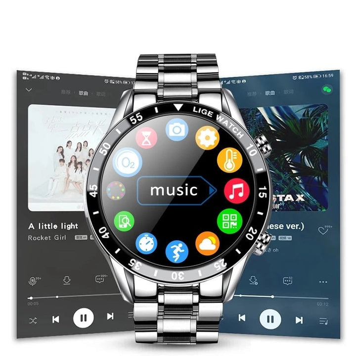 "Moderne smartwatch med rund skærm, stilfuldt og multifunktionelt, perfekt til både kontorbrug og sport, IP67 vandtæt."