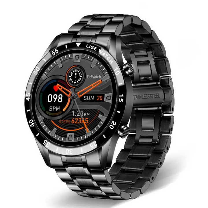 "Moderne smartwatch med rund skærm, stilfuldt og multifunktionelt, perfekt til både kontorbrug og sport, IP67 vandtæt."
