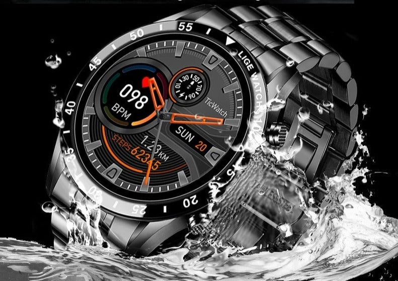 "Moderne smartwatch med rund skærm, stilfuldt og multifunktionelt, perfekt til både kontorbrug og sport, IP67 vandtæt."