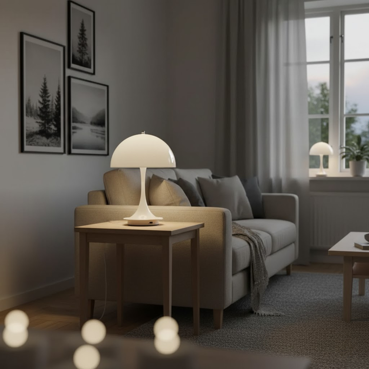 Detalje af trådløs dæmpbar LED bordlampe i elegant moderne stil. Fokus på design.