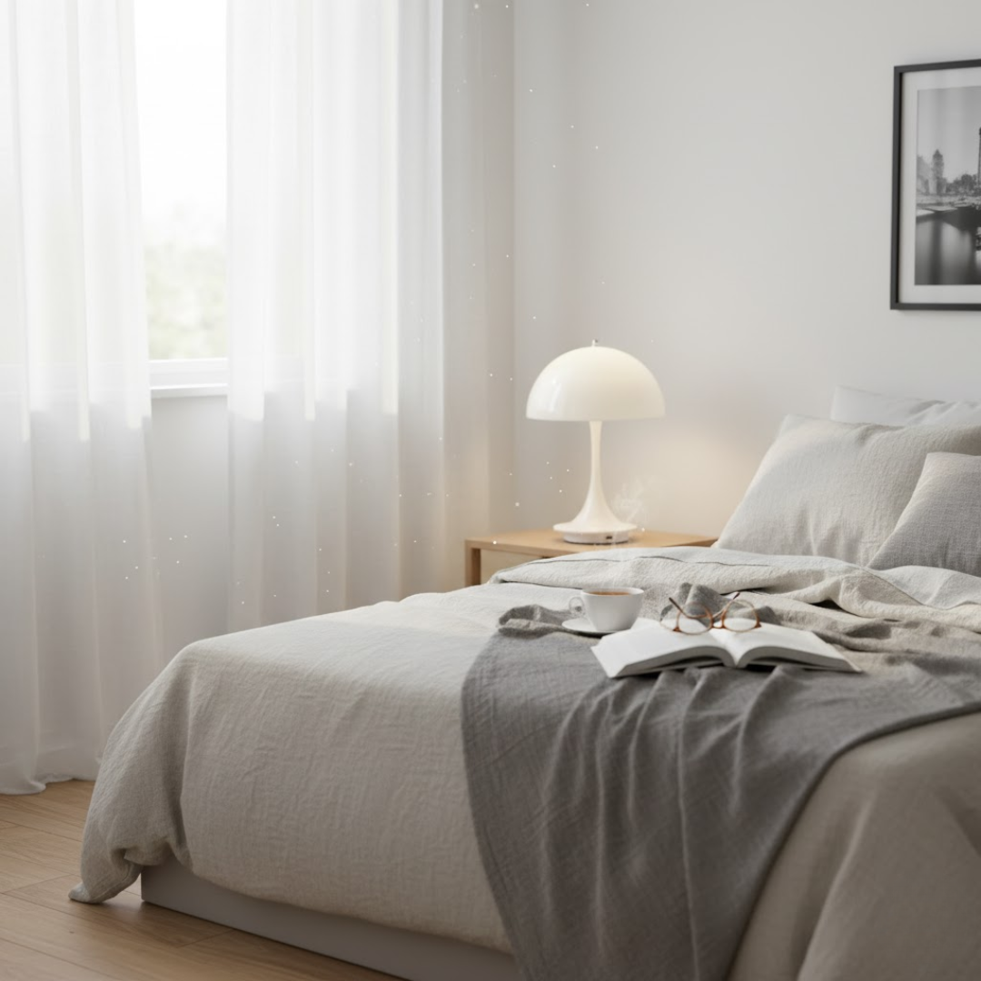 Hyggelig trådløs bordlampe med dæmpbar LED, ideel som sengelampe i moderne soveværelse.