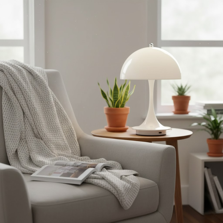 Genopladelig, trådløs bordlampe med justerbar dæmpbar LED-belysning for fleksibel brug.