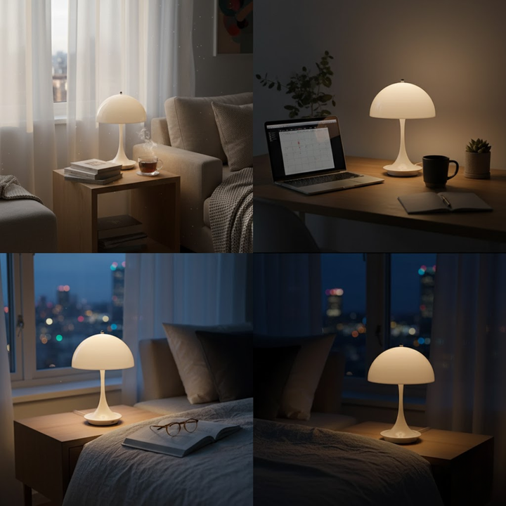 Stilfuld dæmpbar LED bordlampe, trådløs og genopladelig, for moderne og hyggelig indretning.
