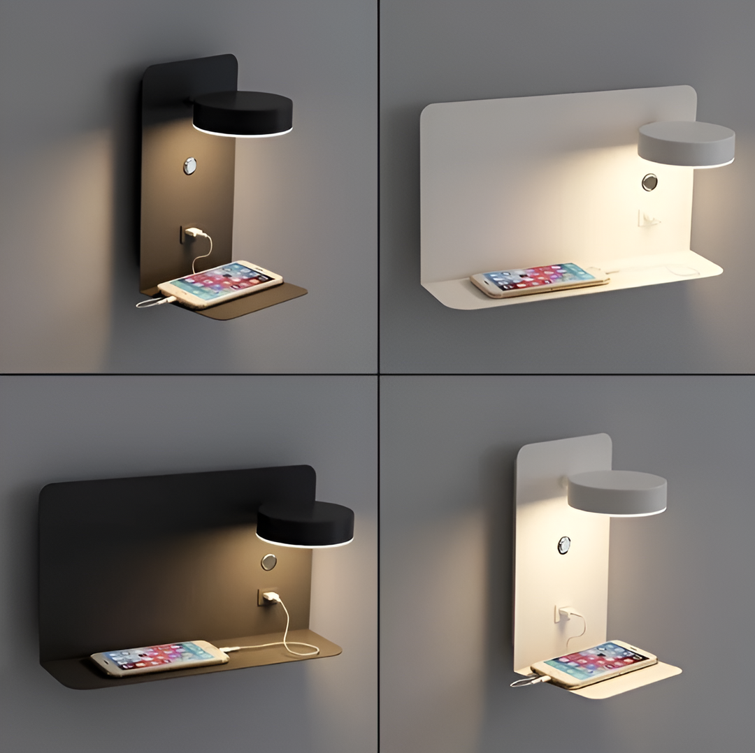 Dæmpbar væglampe med hylde og USB for hyggelig belysning og nem opladning i dit moderne hjem.