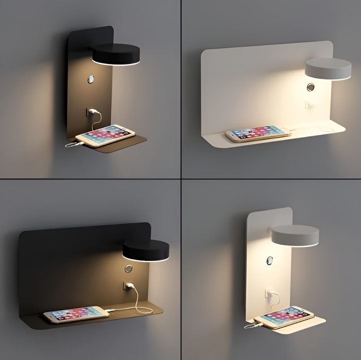 Dæmpbar væglampe med hylde og USB for hyggelig belysning og nem opladning i dit moderne hjem.