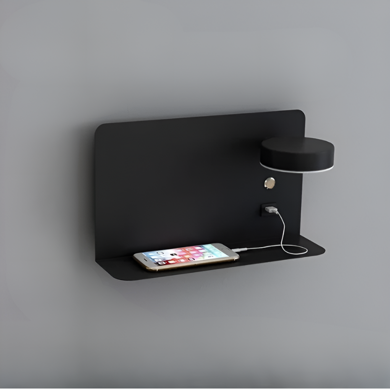 Væglampe med hylde og USB-oplader. Moderne, dæmpbar belysning til soveværelset.