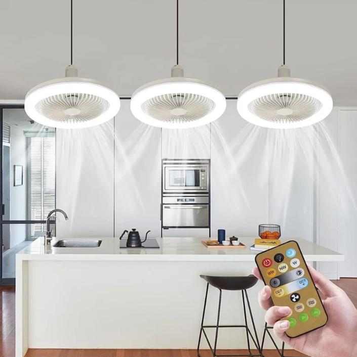 Elegant E27 ventilatorlampe med indbygget LED, der sikrer frisk luft og stilfuld moderne belysning i ethvert rum.
