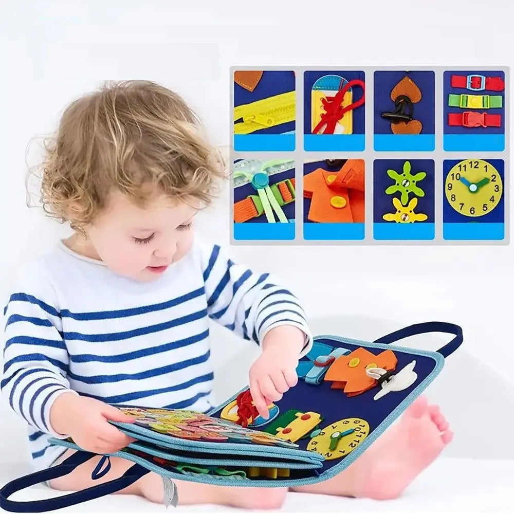 Blød filt aktivitetsbog for førskolebørn. Montessori inspireret legetøj til læring og leg, fremmer finmotorik.