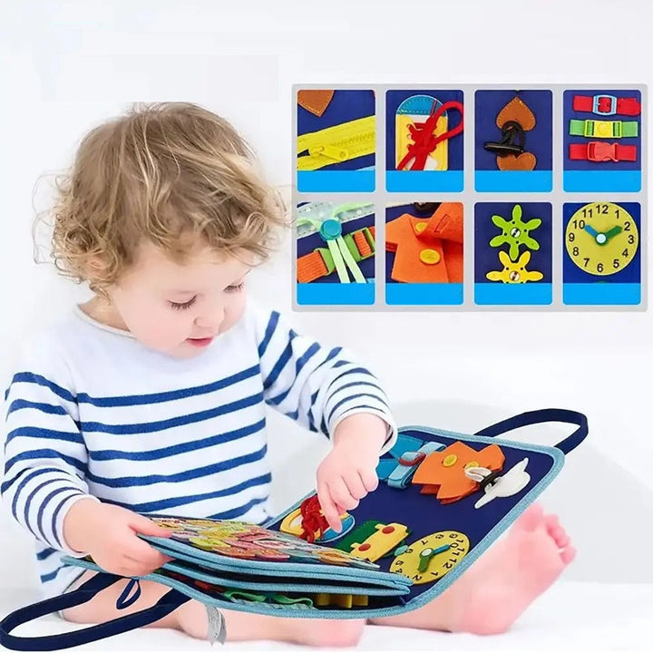 Blød filt aktivitetsbog for førskolebørn. Montessori inspireret legetøj til læring og leg, fremmer finmotorik.