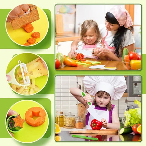 Nærbillede af Montessori JuniorCook køkkenredskaber: trækniv, skræller og skærebræt til børn.