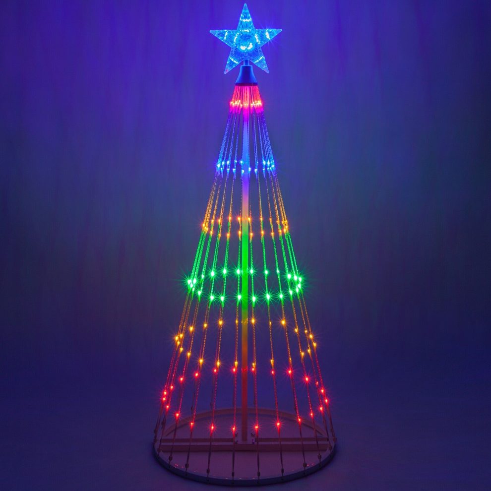 Multifarvet animeret LED juletræs lysshow til udendørs brug. Skaber festlig julestemning i haven.