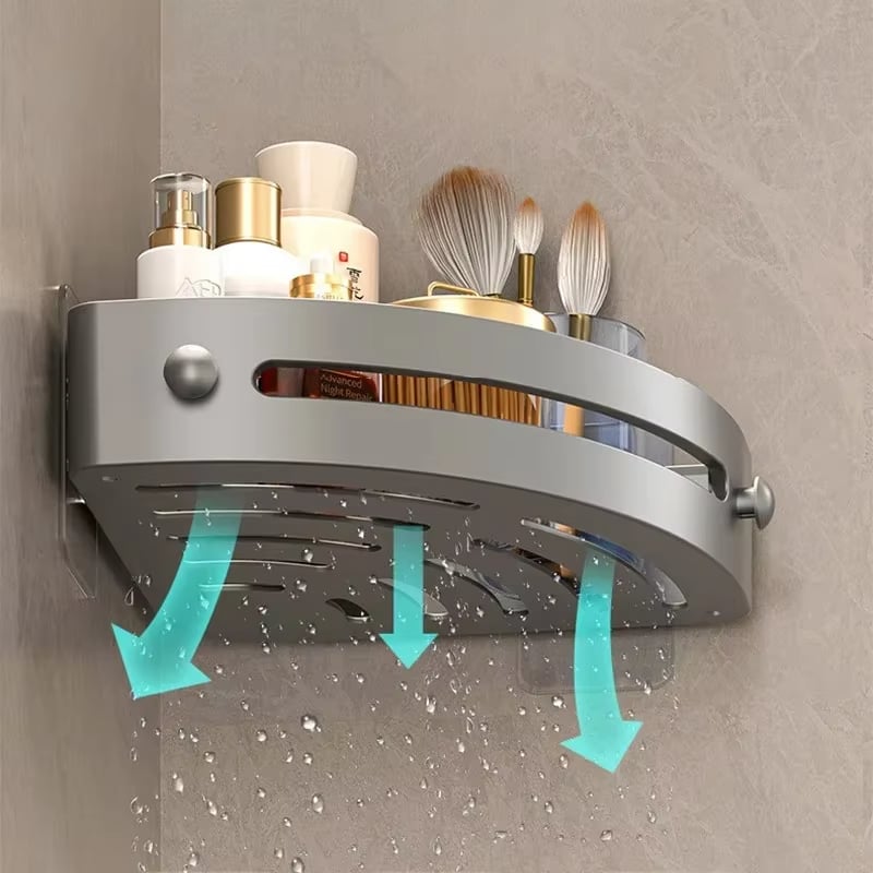 Rustfri TrioShelf hjørnehylde, perfekt til opbevaring af shampoo og sæbe i bruseren.