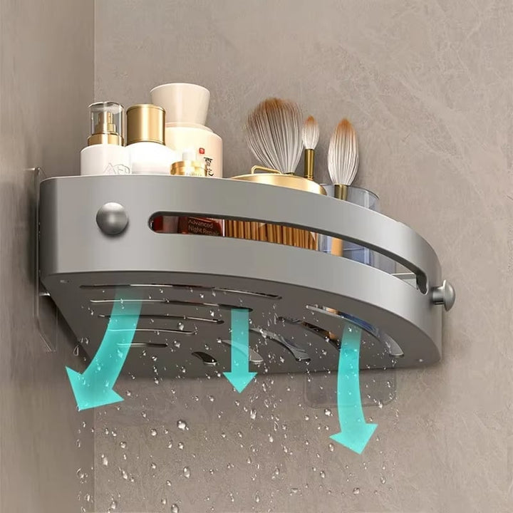 Rustfri TrioShelf hjørnehylde, perfekt til opbevaring af shampoo og sæbe i bruseren.
