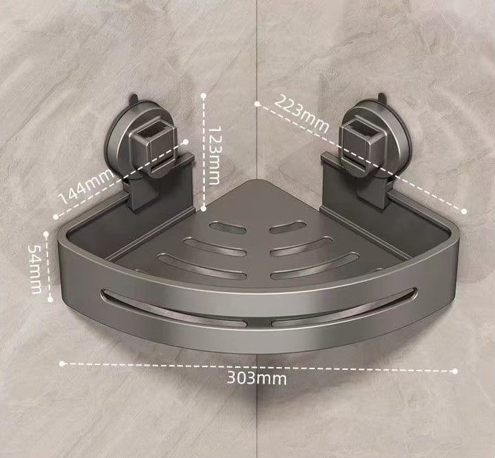 Elegant hjørnehylde i aluminium til organiseret opbevaring af kosmetik og toiletartikler.