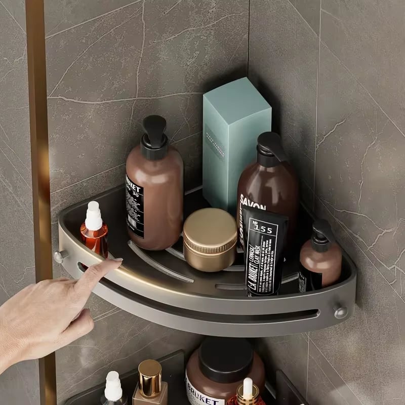 Moderne hjørnehylde TrioShelf, nem at montere, skaber orden i bad og køkken.