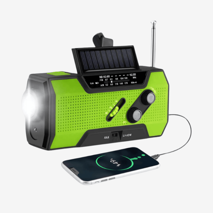 Multifunktionel nødradio med powerbank og lommelygte, ideel til camping, vandring og beredskab i udendørsliv.