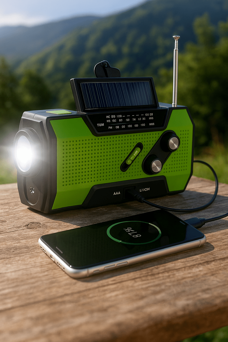 Genopladelig nødradio og powerbank, grøn, med indbygget lommelygte. Perfekt til overlevelse, rejser og udendørs.