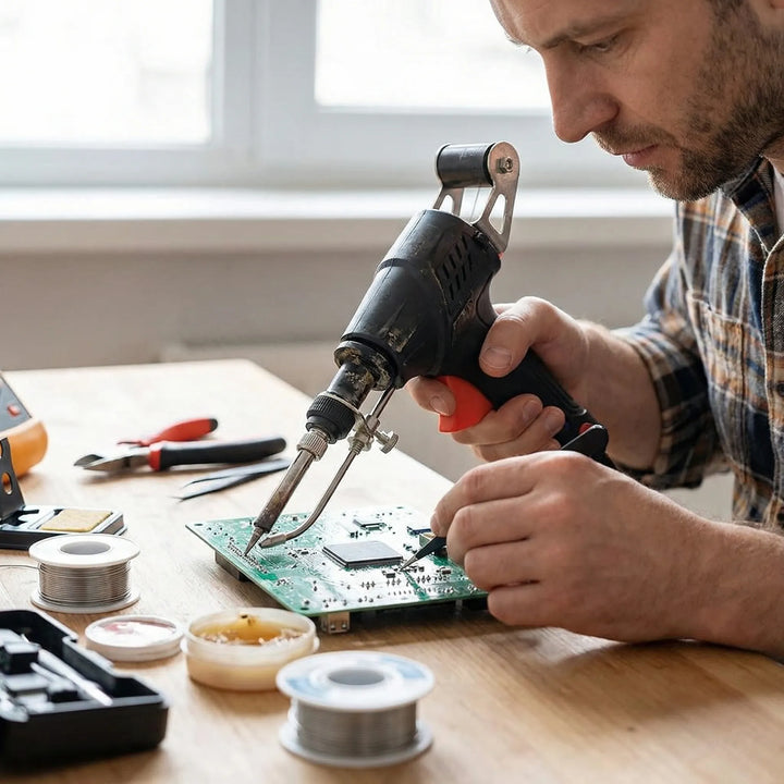 Multifunktionelt loddeværktøj med pistolgreb til præcis elektronikreparation og hobbyprojekter.