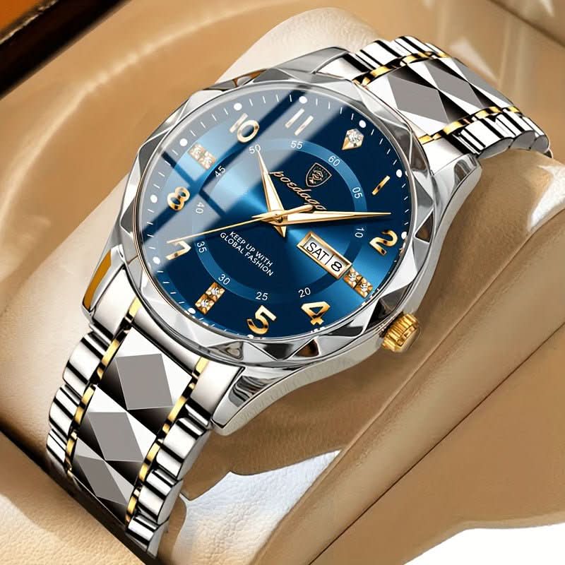 Detaljeret billede af multifunktionelt titanium sportsurs urskive. Analog og digital tidsvisning, holdbart design.