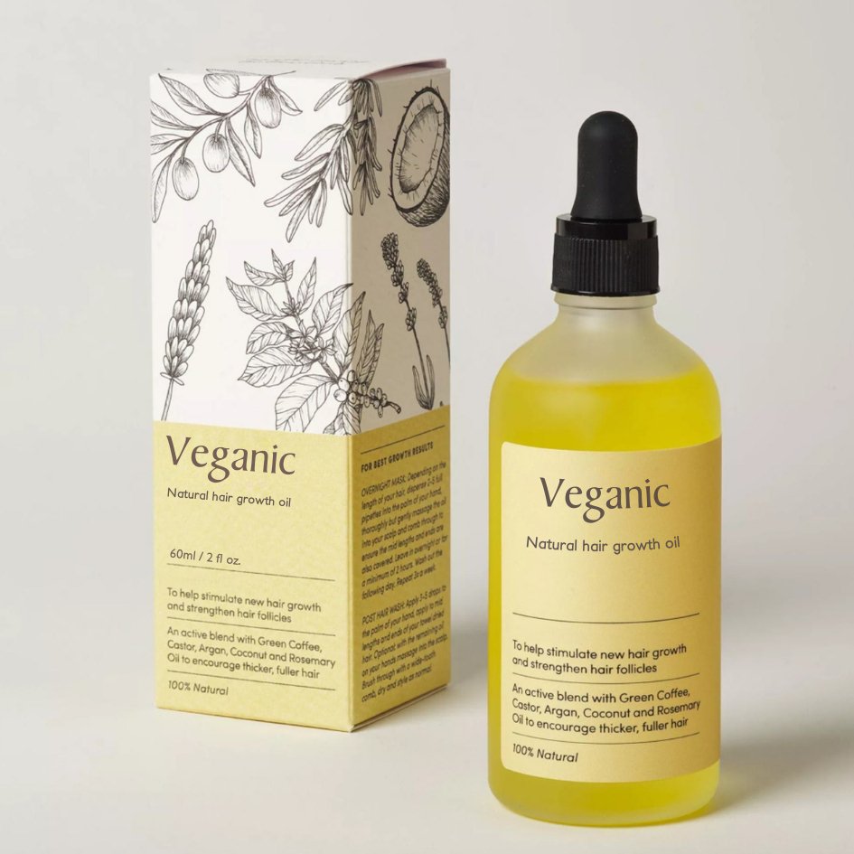 Naturlig hårvækstolie, gennemsigtig flaske med grøn olie, nærer og styrker håret, 1+1 tilbud, 100% naturlige ingredienser.