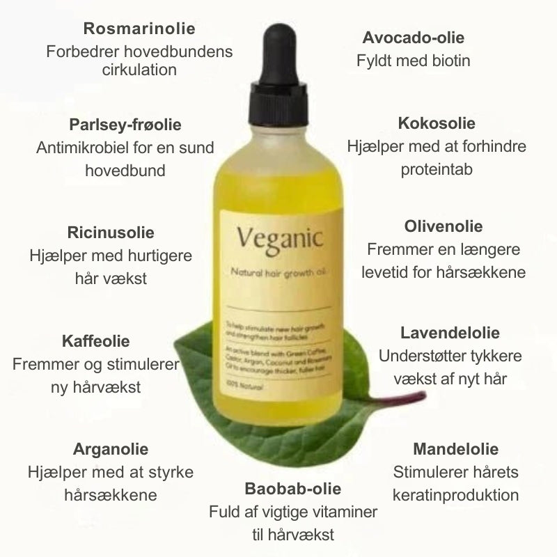 Brug af naturlig hårvækstolie. Massér i hovedbunden for at styrke tyndt hår og fremme vækst med argan- og kokosolie.