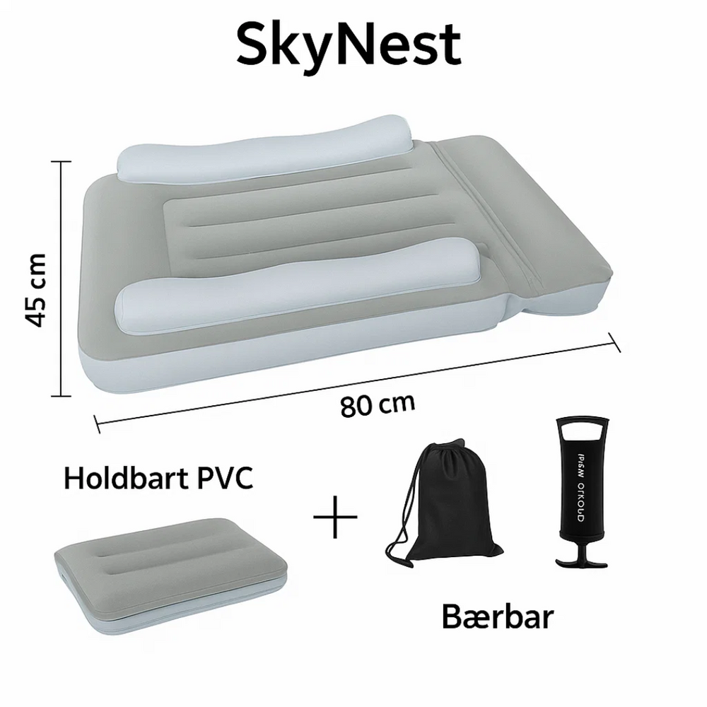 Bærbar oppustelig rejseseng til børn, kompakt pakket til nem transport på flyrejser og bilture.