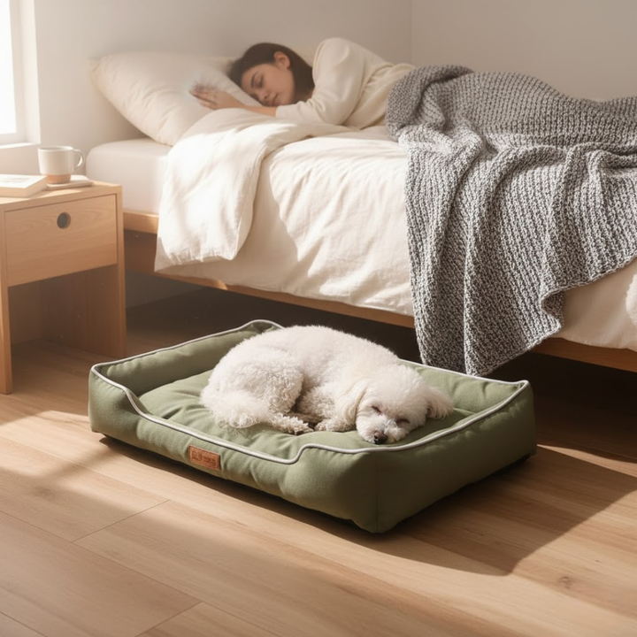 Aflastende hundeseng med hukommelsesskum, ergonomisk formet til optimal støtte og velvære.