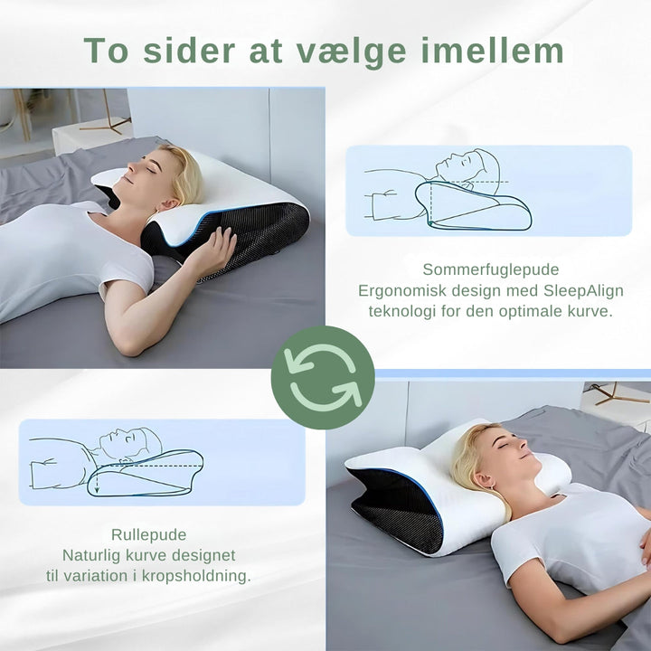 "Ortopædisk pude af memoryskum til smertefri søvn. Ergonomisk designet, hvid/grå, understøtter nakke og ryg."