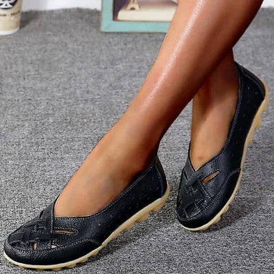 "Ortopædiske læderloafers i åndbart materiale, brune, med gel-sål. Komfortable damesko til hverdag og støtte."