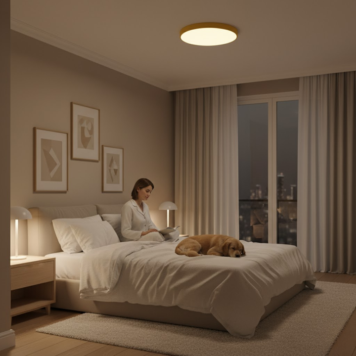 Stilfuld indendørs LED loftlampe i pastelfarver. Moderne design giver roligt stemningslys.