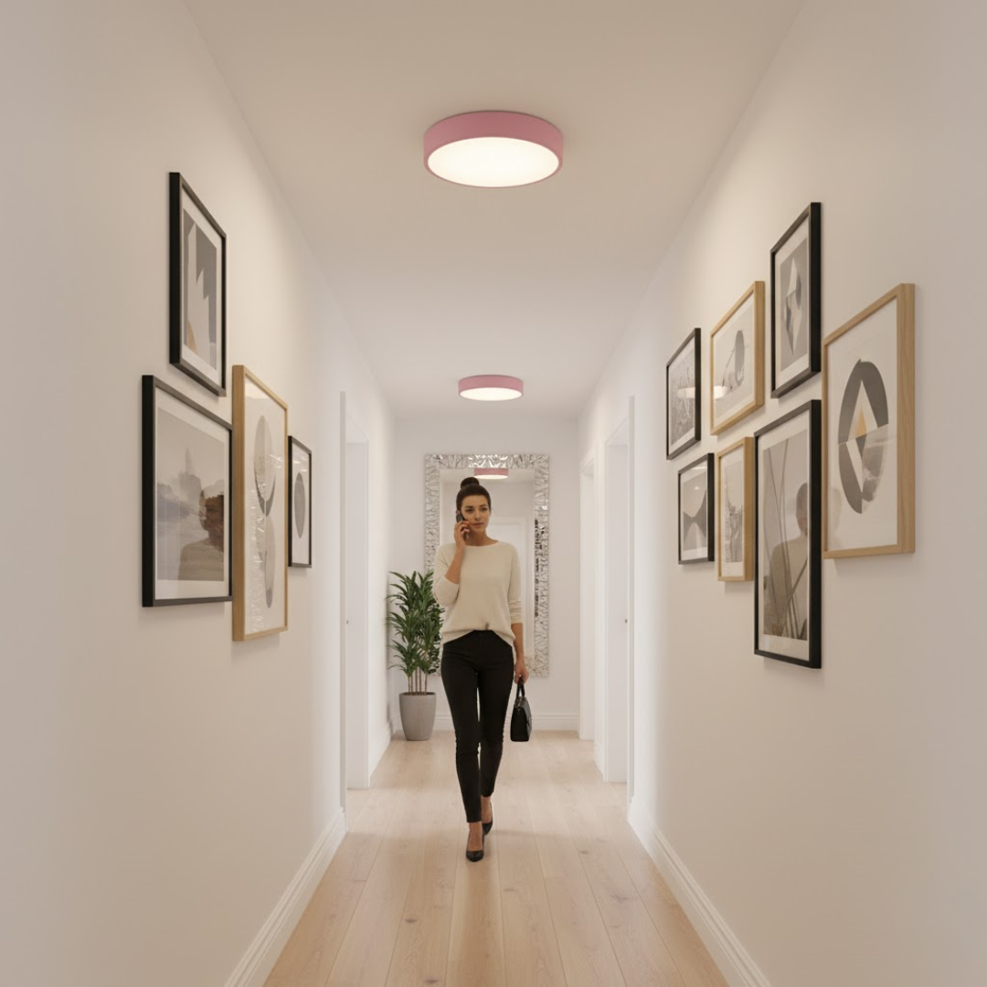 Pastelfarvet LED loftlampe, PastelRing, giver energibesparende belysning til moderne hjem.